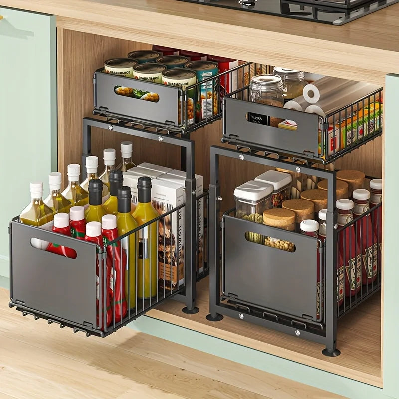 SmartSlide™ Under Sink Storage Organizer – Adjustable Metal Shelf for Kitchen & Bathroom