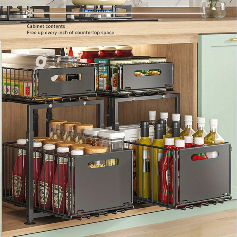 SmartSlide™ Under Sink Storage Organizer – Adjustable Metal Shelf for Kitchen & Bathroom