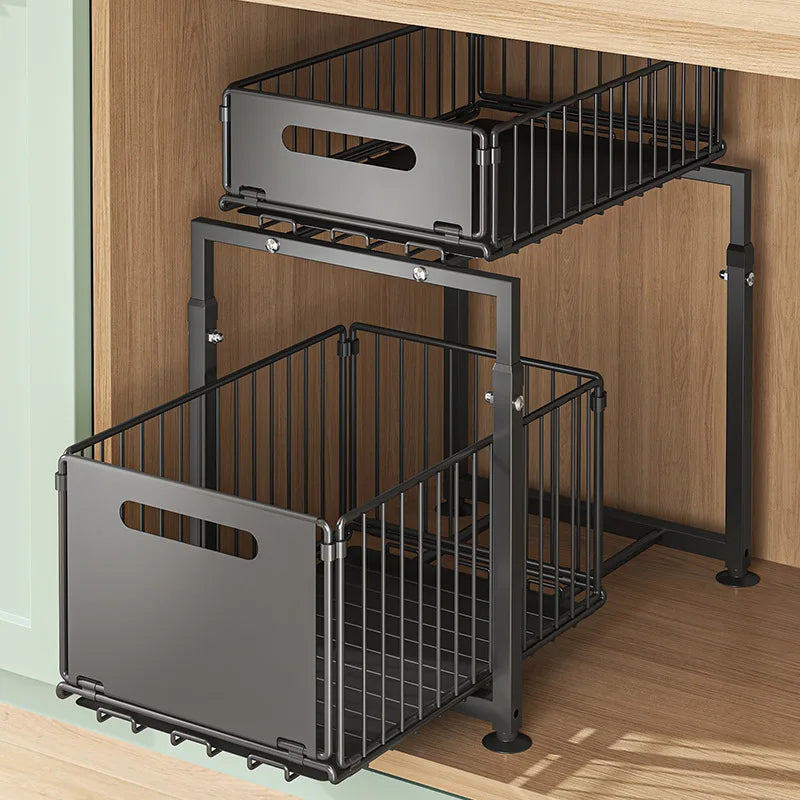 SmartSlide™ Under Sink Storage Organizer – Adjustable Metal Shelf for Kitchen & Bathroom