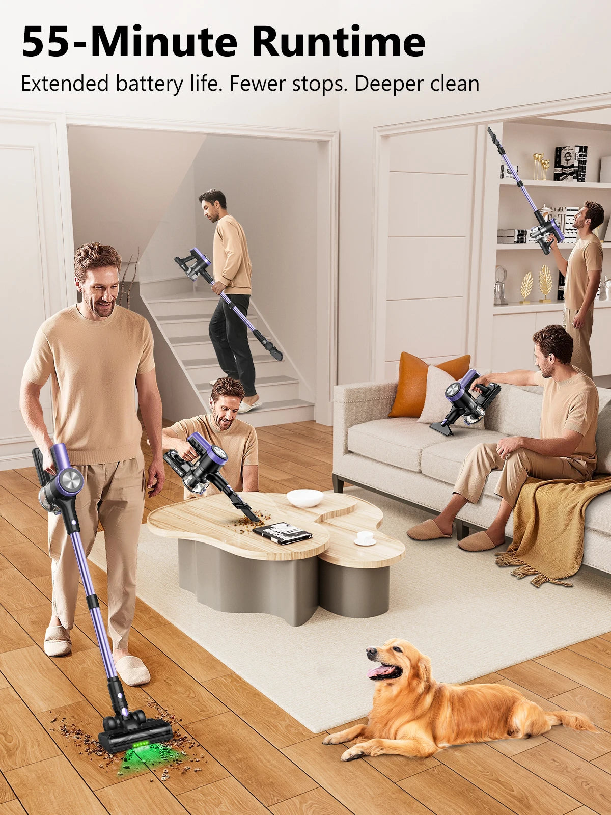 Ultra-Powerful Cordless Vacuum Cleaner | 500W Motor, 55KPA Suction, 60-Min Runtime, LED Smart Display & Pet Hair Removal