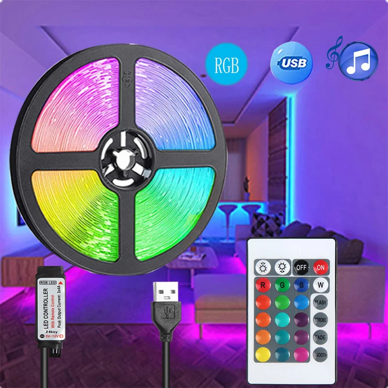 RGB LED Strip Light USB Powered 1-5M | 24-Key Remote | Color Changing Mood Lighting
