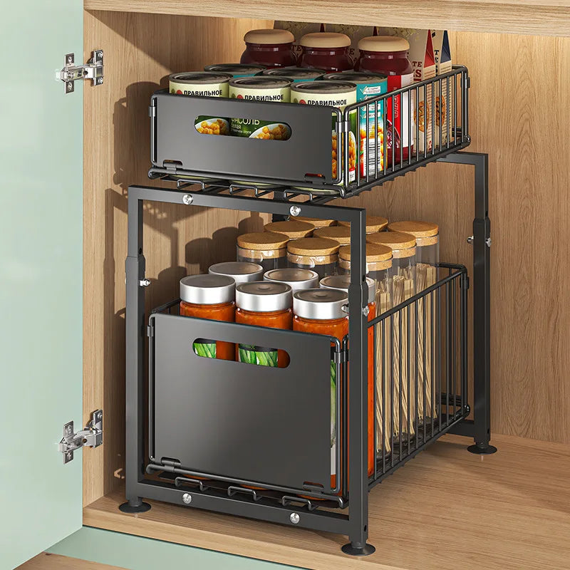 SmartSlide™ Under Sink Storage Organizer – Adjustable Metal Shelf for Kitchen & Bathroom